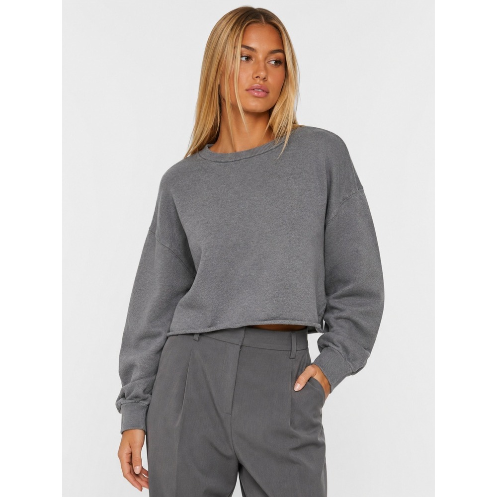 Naked Cashmere Gray Cashmere Cotton Blend Cropped Crewneck Sweater XS